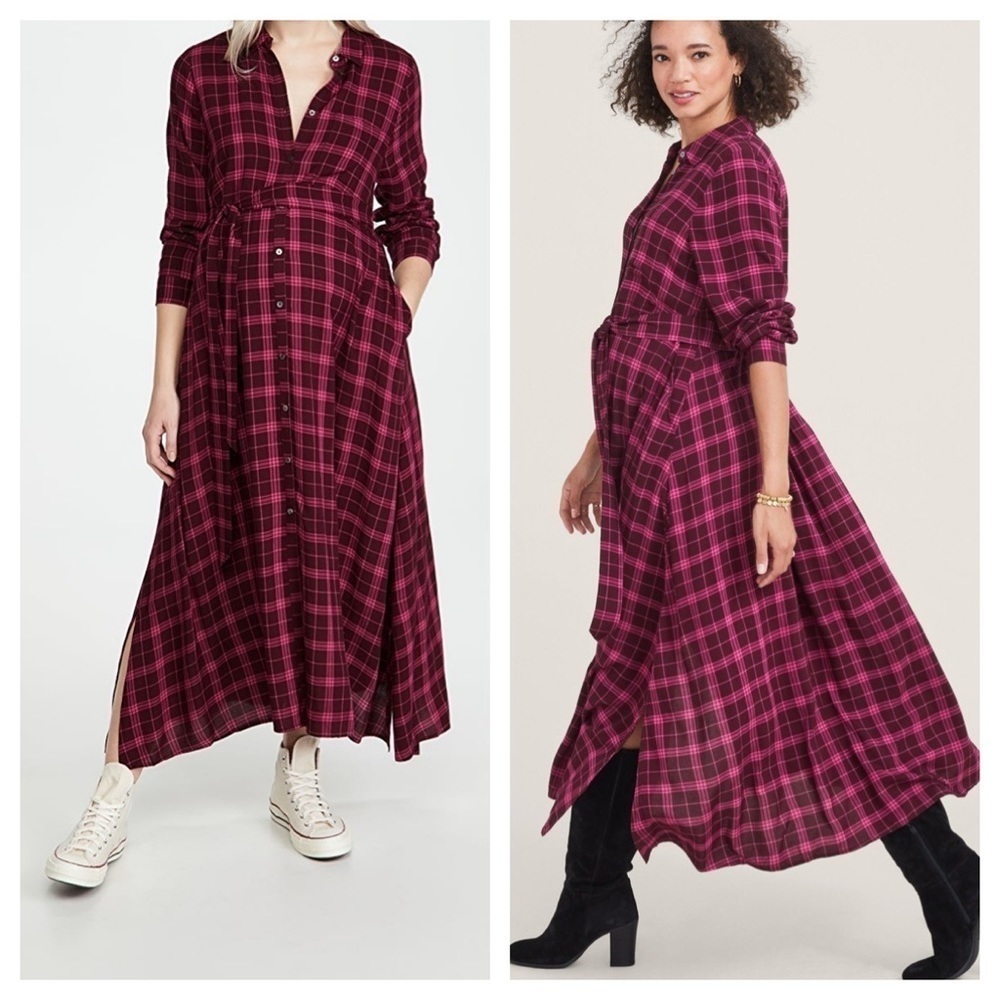 Hatch Magenta Plaid Button-Front Maxi Shirt Dress